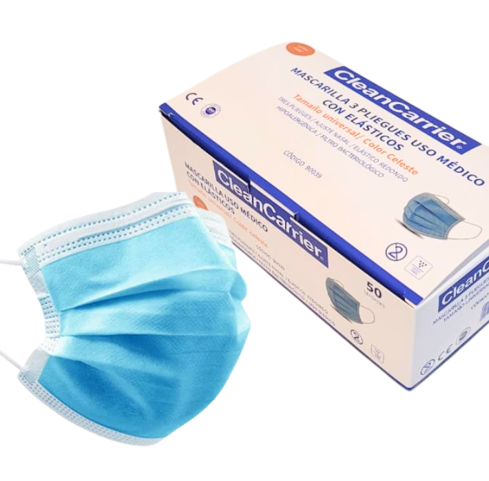 Mascarilla 3 Pliegues Color Celeste, caja x 50 unid Clean Carrier